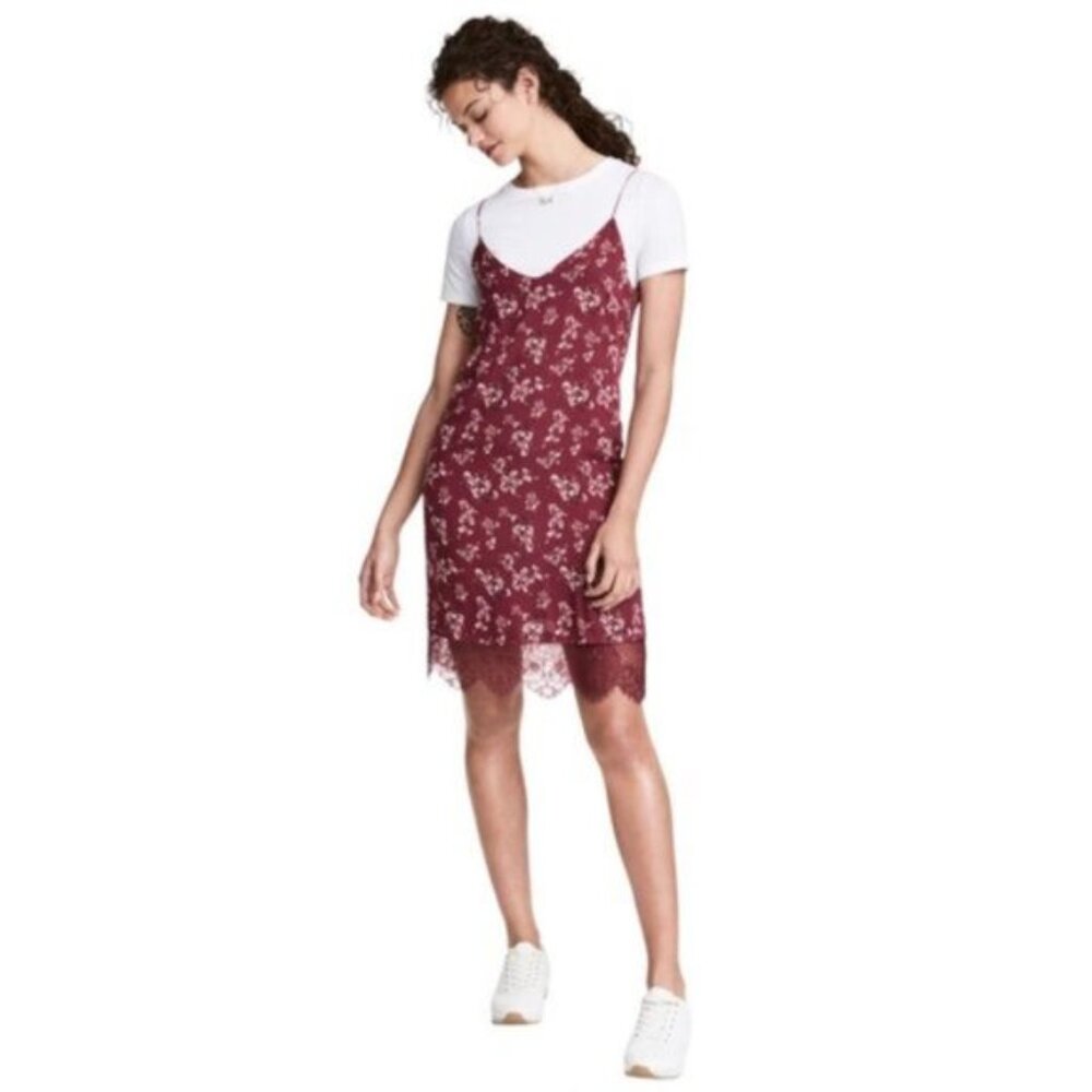 H&M Women's Floral Cami Midi Slip Dress w/ Lace Hem in Burgandy Red Sz 14